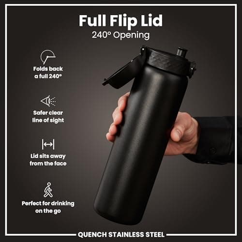 Ion8 Lightweight 1 Litre Steel Water Bottle, Non-Insulated, Leak Proof, Easy to Open, Secure Lock, Dishwasher Safe, Flip Cover, Carry Handle, Ideal for Travel & Active Lifestyles, Black — view 5