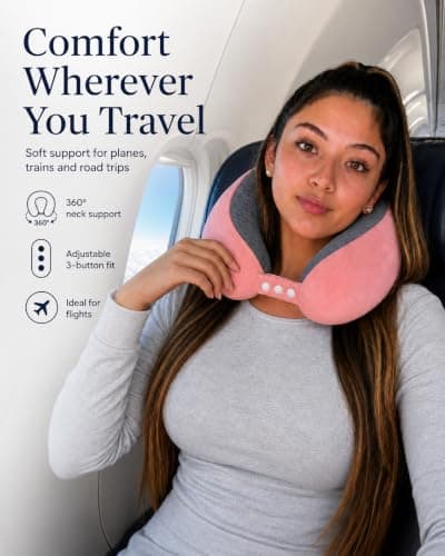 Travel Pillow for Airplane – Memory Foam Neck Pillow for Travel, Ergonomic Adjustable Flight Pillow for Adults, Compact Neck Cushion with Eye Mask, Ear Plugs & Carry Bag (pink) — view 3