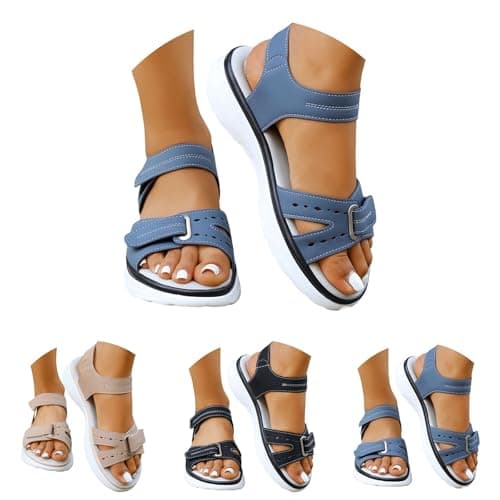 Orthopedic Sandals for Women UK Plantar Fasciitis Comfort Wedge Sandals Open Toe Ankle Strap Sandal Summer Wide Fit Cushion Walking Shoes Ladies Casual Summer Sandal with Arch Support 1-Blue, 5 — view 5