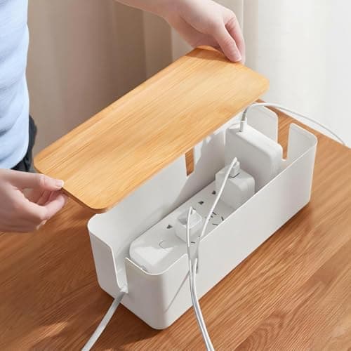 JJQHYC Cable Tidy Box Large Cable Box with Bamboo Lid Cable Management Box White Cable Organiser for Hiding Cables and Plugs — view 3