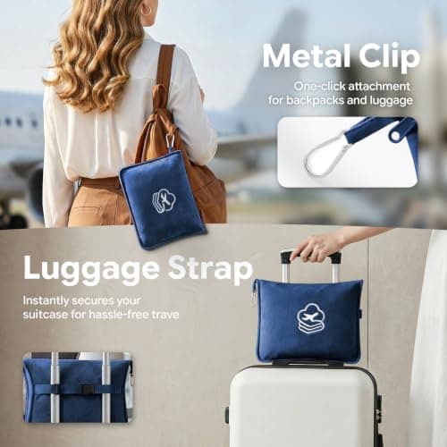JAJALUYA Travel Blanket, Soft 2-in-1 Airplane Blanket, 65x40 Inches, Travel Essentials Car Blanket with Luggage Sleeve & Backpack Clip (Navy Blue) — view 4