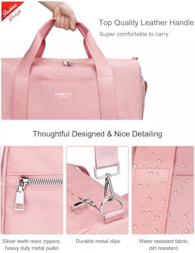 Gym Bag for Women,Pu Leather Handle,Dry Wet Separated with Shoe Compartment & Wet Pocket,Waterproof Duffle Bag for Travel Sports Fitness Workout Athletic (Pink,19"-Medium) — view 3