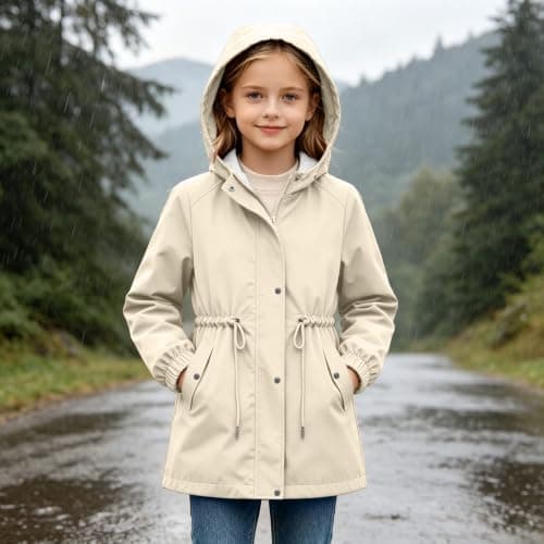 Beige Girls Waterproof Jacket Windproof Hooded Raincoat Outdoor 13 Years — view 6
