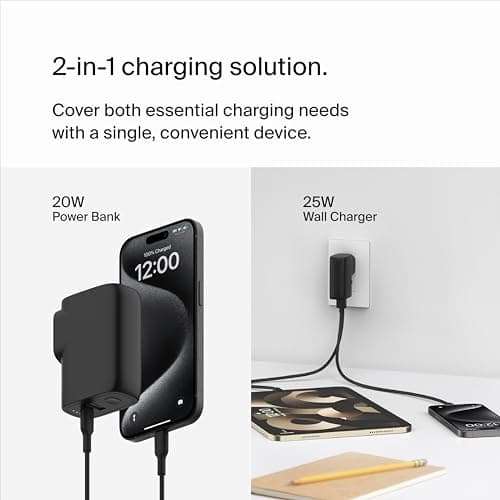 Belkin BoostCharge Hybrid Wall Charger 25W + Power Bank 5000mAh, 2-in-1 Portable Charger with USB-C PD3.0 Port & USB-A Port, Dual-Port Battery Pack, USB-C Charger, USB Plug + C to C Cable — view 2