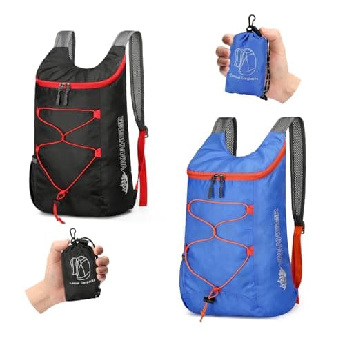 Sahunfri 2 Pcs Ultra Lightweight Backpack, Foldable Backpack Water Resistant Travel Rucksack, Multi-Functional Foldable Backpacks Womens Men For Camping, Hiking, Biking (Black Royal-blue)