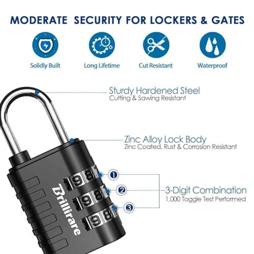 Brillirare 8 Pack Combination Lock, 3-Digit Waterproof Keyless Padlock, Zinc Alloy Outdoor Resettable Travel Luggage Locks for Backpack, Gym Locker, Hasp, Fence, Gate, Case, Toolbox-Black — view 5
