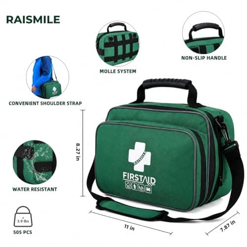 Raismile Large First Aid Kit - Comprehensive Medical Kit for Home, Car, Travel, Camping, Business, School & Outdoor(Green) — view 2