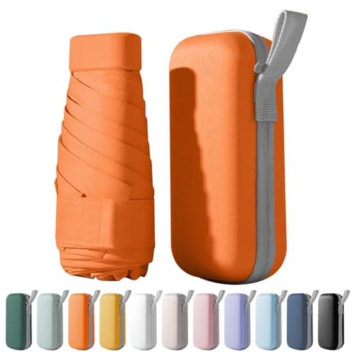 FANSEZQ Mini Sun Umbrella, Lightweight Compact Umbrella For Women And Kids, Portable Uv Parasol With Storage Box (Orange)