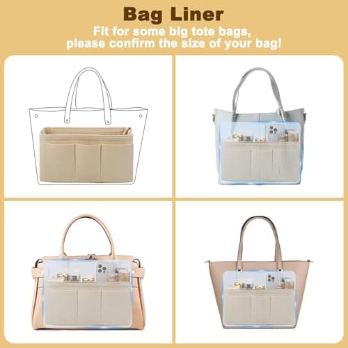 Handbag Organiser Insert with Multiple Compartments & Zips, Beige Multi-Pocket Felt Tote Bag Organisers, 27x16x15cm Large Capacity Storage Pouch, Women Travel Makeup Organizer for Cosmetic Toiletry — view 2