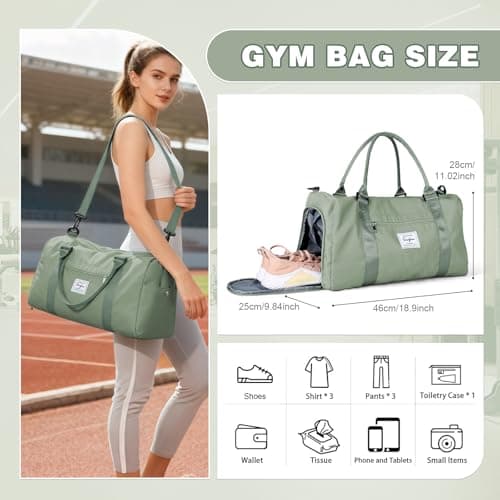WEPLAN Gym Bag Womens Men Sports Fitness Bags Weekend Overnight Bag Travel Duffle Bags for Women with Shoes Compartment Wet Pocket,Holdall Hospital for Swimming Carry on Hand Luggag,A9-Gray Green — view 3