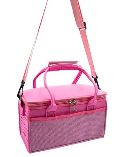 Carrying Case for Toniebox Starter Kit with Velcro Dividers, Dual Mesh Side Pockets and Mesh Zipper Pocket in Lid. (Hot Pink with Shoulder Strap) — view 4