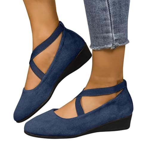 ziubauyke Women's Ballet Flats Closed Toe Crisscross Strap Wedge Shoes Comfy Summer Wide Fit Sole Stretchy Ankle Ballerina Ladies Comfy Dress Elegant Slip-On Pump Shoes Size 6.5 Blue — view 2