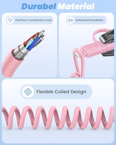 4 in 1 Multi Coiled USB C Cable for Car, 60W 3A Fast Charger Cable & Data Cable for Car Play & Android Auto, USB C/A to Lightning, USB C/A to USB C for iPhone 17 16, Android and Laptop, 4FT/Pink — view 6