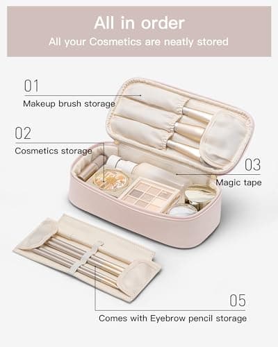 Travel Makeup Bag with Brush Compartment,Waterproof Small Make up Bag,Cosmetic Bag for Women,Pink — view 3