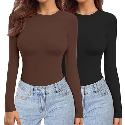 Ekouaer Womens 2 Pack Long Sleeve Tops Thermal Shirts Black+Brown M