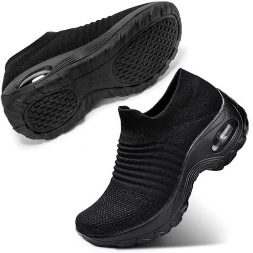 STQ Slip On Lightweight Platform Loafers Sneakers Working Walking Trainers Gym Shoes Wide Fit Comfort Loafers Shoes, All Black, 6 UK