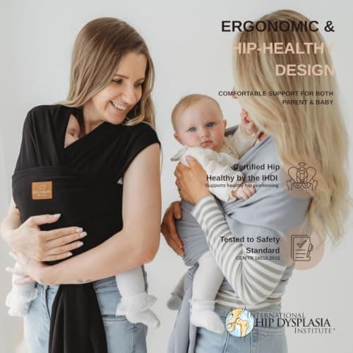 RYLOOBABY Baby Sling Carrier & Stretchy Baby Wrap - Newborn Baby Carrier 3.2–15 kg, Soft Cotton Hands-Free Babywearing Sling, Hip Healthy, One Size XXS–XXXL - Black — view 2