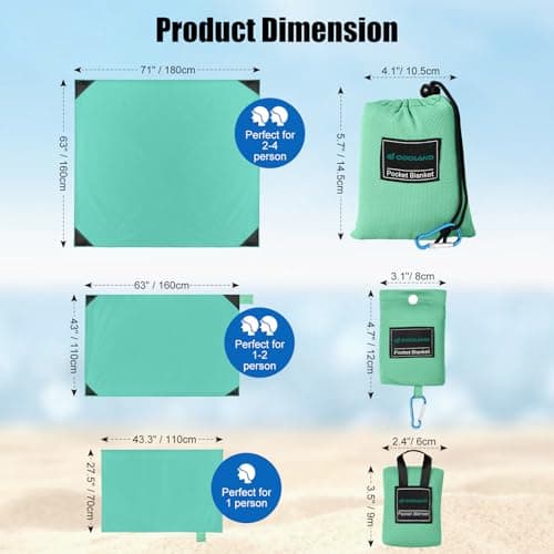Odoland Outdoor Pocket Travel Blanket Beach Mat - Waterproof Sand Proof Beach Blanket, Picnic Mat - Multi Colour and Sizes - Portable Lightweight for Camping, Picnic AppleGreen S — view 2