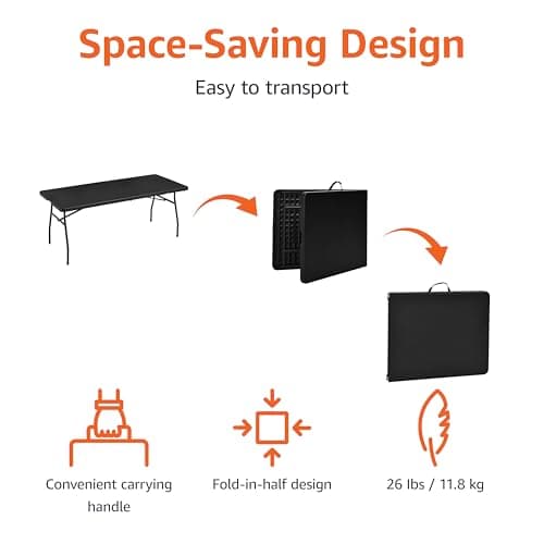 Amazon Basics 6 Foot Rectangular Folding Table with Carrying Handle, Indoor & Outdoor, Portable, Lightweight, Travel Table, Picnic, Camping, Black, 182 x 75 x 73 cm — view 3