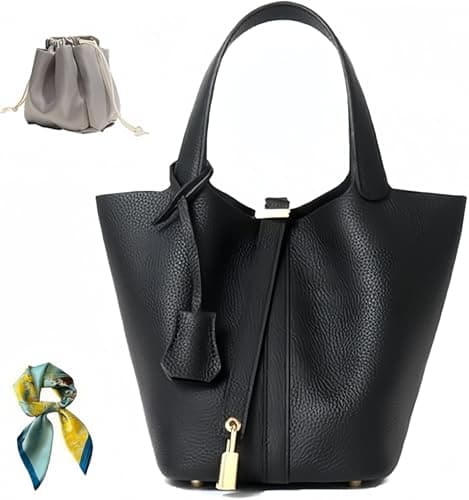 Genuine Leather Handbag for Women: Shoulder Bag with Lock Design, Versatile and Top Handle, Fashionable Vegetable Basket, Black/White, 7.5 x 5.9 x 7.1 pulgadas