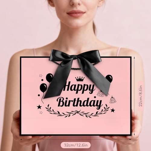 YoungTree Happy Birthday Gift Bag for Her, Medium Pink with Black Frame — view 4