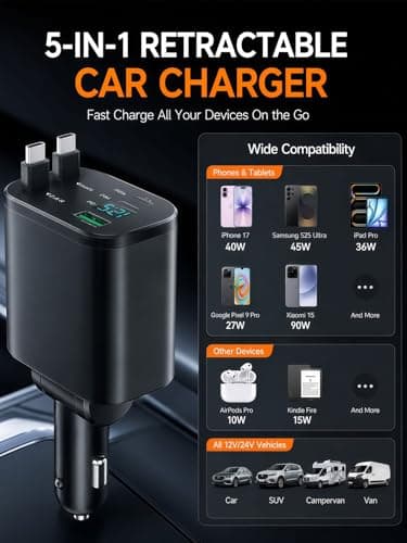88W Retractable Car Charger - 12V Cigarette lighter Adapter with USB C Cables, Fast Charging for iPhone 17/16/15/14/13/12/11/xr/Google/Samsung/iPad, Car Accessories Practical Gifts for Men Dad Husband — view 4
