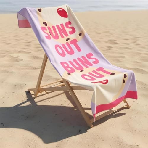 OHS Large Beach Towel, Suns Out Buns Out Slogan Super Soft Quick Dry Sand Free Microfibre Beach Towel Lightweight Compact Travel Summer Essentials Holiday Towels, Lilac - 71 x 152cm