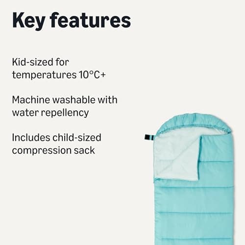 Amazon Basics Kids Sleeping Bag for Camping, 10°C Rated, Machine Washable, Hood, Compression Sack, Aqua, 168 x 74 cm — view 2