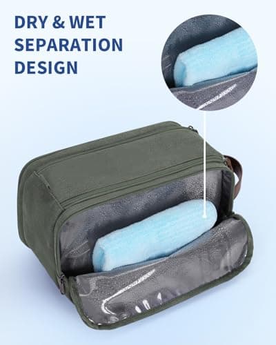 WANDF Toiletry Bag for Men Travel Wash Bag Toiletry Organizer Canvas and PU Leather Dopp Kit Water-Resistant Shaving Kit for Travel Accessories (Green, Patent Pending) — view 2