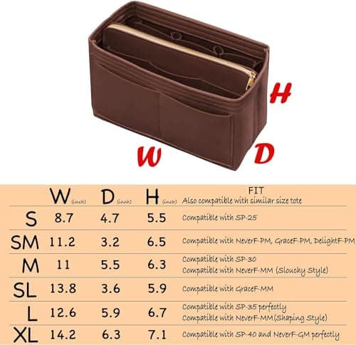 DailyPlus Purse Organizer Insert with Zipper Felt Bag Organizer Insert for Carry Bag Fits LV Speedy Neverfull, Brown (Brown), X-Large — view 2