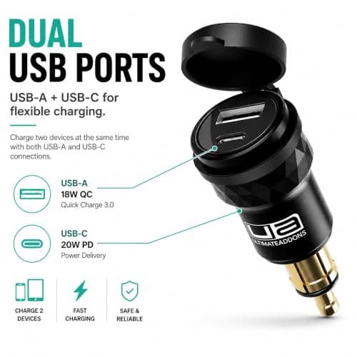 UltimateAddons DIN Motorcycle USB Charger, Dual Port USB-A QC 3.0 18W + USB-C PD 20W Fast Charger with Protective Cap, 12V Auxiliary Socket Adapter for Compatible BMW, Triumph & Ducati Motorcycles — view 2