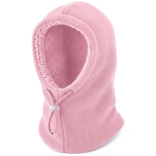 Beehow Kids Balaclava Winter Windproof Fleece Hat – Ski Mask for Boys Girls, Soft Sherpa Lined Stretch Fit for 6-12 Years (Light Pink)