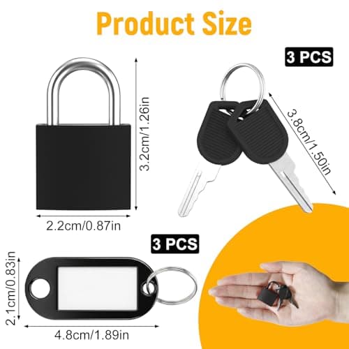 3 Sets Suitcase Locks with Keys, Black Metal Suitcase Padlocks with Tags, Durable Mini Locker Padlock for Backpack, Gym Locker, School Bag and Travel Cases(3 Locks & 3 Tags) — view 2