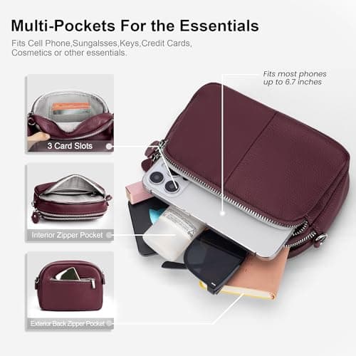 befen Red Genuine Leather Cross Body Bags for Women Small Shoulder Bags Triple Camera Bag for Women Cell Phone Bag with Wide Adjustable Strap — view 2