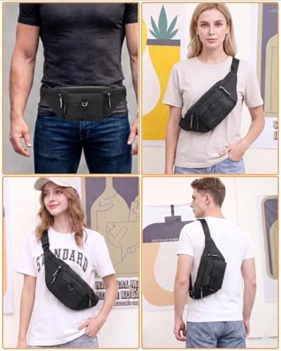 Large Bumbag Waist Fanny Pack Running Belt for Men Ladies Women, Bum Bag with 6-Zipper Pockets Adjustable Belt (Black) — view 3