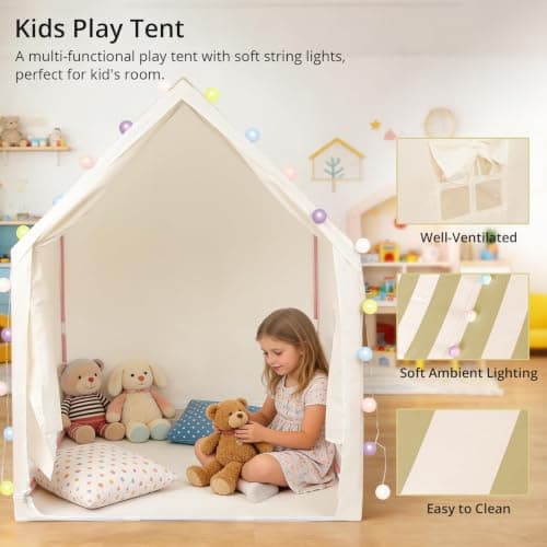 Anbte Kids Play Tent with String Lights Indoor, For 1-3 Kids, Beige Stripes — view 3