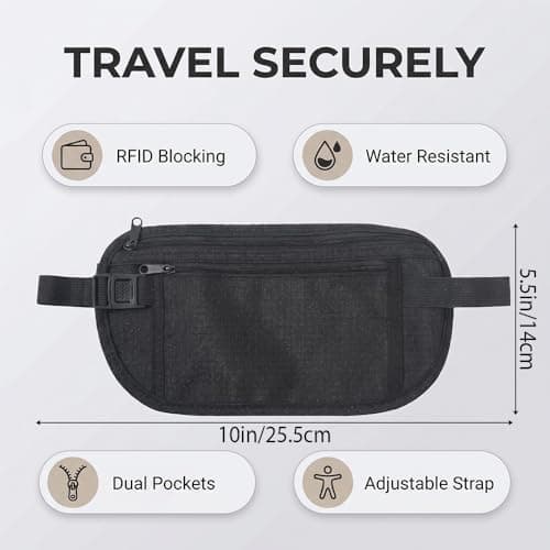 2 Pack Travel Money Belt for Men & Women, Slim Hidden Waist Wallet Under Clothes, Anti-Theft Security Pouch with Dual Zippers for Passport, Cash and Mobile Phone, Holiday Travel Essentials (Black & Be — view 3