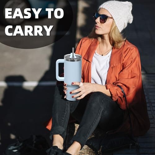 WATERSY Travel Mug Coffee Cup 40oz Tumbler Straw Lid and Handle, Stainless Steel Double Wall Vacuum Insulated Coffee Water Bottle Thermal for Cold Hot Coffee 1182ml Blue — view 6