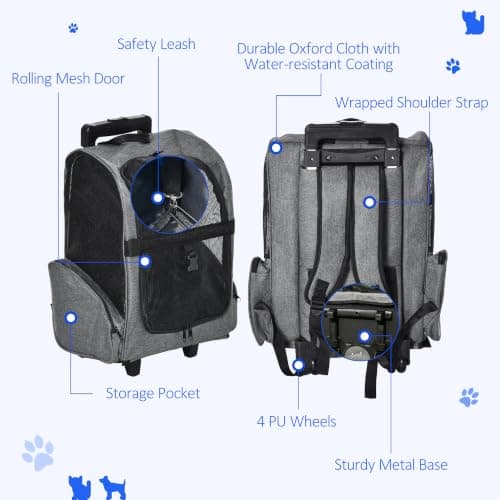 PawHut 2 in 1 Dog Backpack and Trolley, Pet Travel Backpack, Grey — view 6