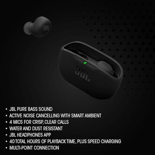 JBL Wave Buds 2, Wireless Noise Cancelling Bluetooth Earbuds with 40 Hours Playtime, JBL Pure Bass Sound, Smart Ambient Technology, IP54 Water and Dust Resistant, Multi-Point Connection, Black — view 4