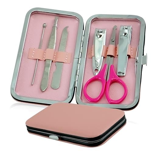 6Pcs Mini Manicure Case for Women, Pink Professional Manicure Set for Girls, Nail Care Set Nail Filer, Scissor, Tweezer, Cuticle Remover, Grooming Tools Kit Travel & Home