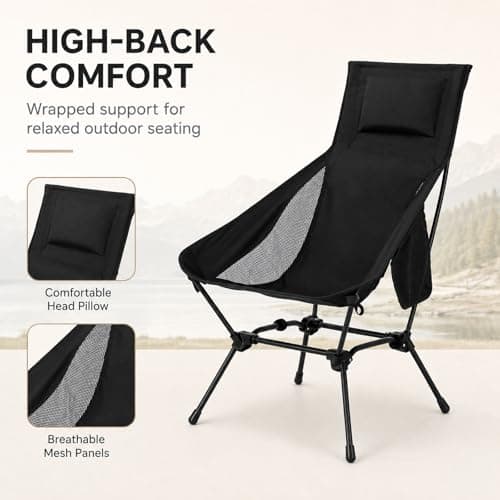 GOOGO High Back Camping Chair, Foldable Camping Chair with Side Pocket & Carry Bag, Comfortable & Breathable, 74x58x90cm, Portable Outdoor for Camping, Fishing, Beach, Picnic and Garden (Black) — view 4
