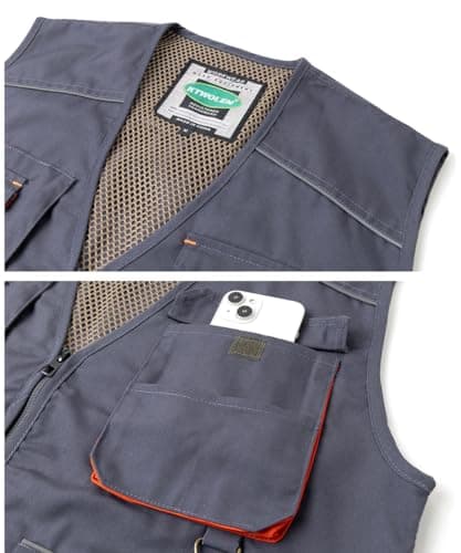 KTWOLEN Men's Work Vest Carpenters Tool Multi-Pocket Safety Vest Construction Mechanics Sleeveless Work Gilet, Grey, L — view 6