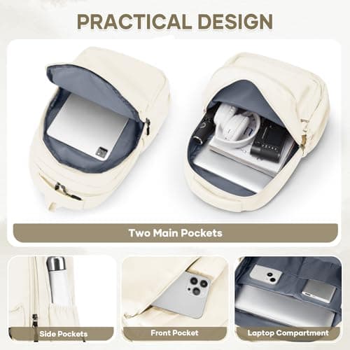 WEPLAN School Backpack School Bag for Teenage Girls Boys College Rucksack Lightweight Schoolbag Casual Backpack Dayback Women Bookbag College Waterproof 14 Inch Laptop Backpacks,A2-Beige — view 5