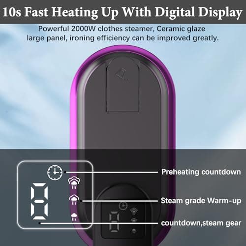 Steam Iron Travel Steamer with LCD Screen, 10S Fast Heat-up 2000W Steamer Clothing with 180° Rotatable Handle, Portable Handheld Clothes Steamer, 3 Steam Levels for Travel, Home, Office(Purple+Grey) — view 2