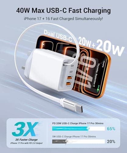 5-in-1 Retractable Gan Wall Charger Plug,40W USB C Fast Charger Block with 2.3ft Retractable Type C Cable,Multiport Phone Charger Travel Essentials Brick Power Adapter for iPhone 17/16,Galaxy S25/S24 — view 3
