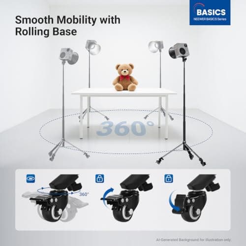 NEEWER BASICS Rolling Light Stand with 1/4" Screw & Phone Holder, Adjustable Aluminum Alloy Tripod with Detachable Wheels for Photography Video Lighting Cell Phone DSLR Action Camera Webcam, ST012 — view 2