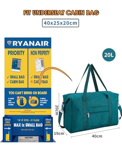 Narwey for Ryanair Cabin Bags 40X30X20 Underseat New Ryanair Small Foldable Travel Duffel Hospital Weekend Bag for Women Ryan Air Carry on Luggage Holdall Tote for Men 20L (Teal) — view 2