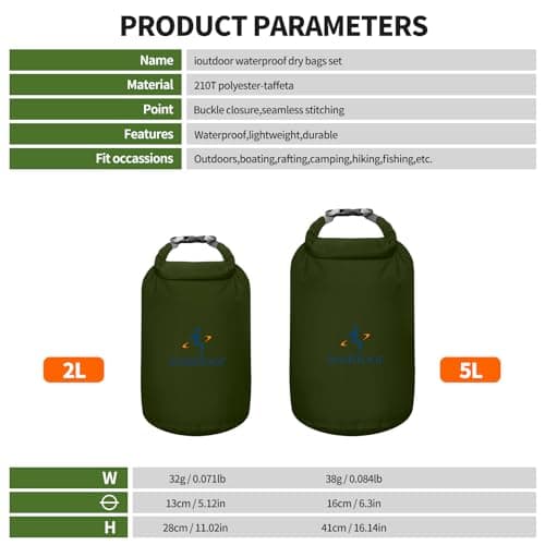 ioutdoor Dry Bag Set,2L/5L/10L/20L Waterproof Dry Sacks (Army Green 2L+5L) — view 2