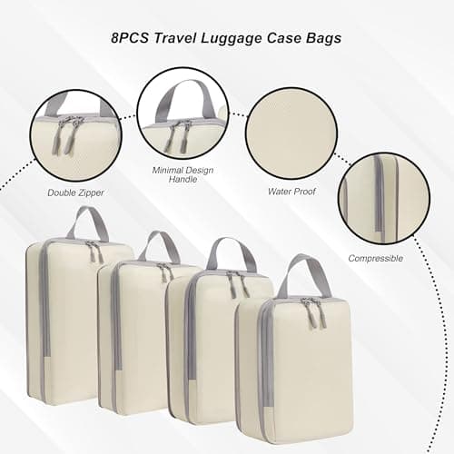 White Hawk 8-Pcs Compression Packing Cubes for Suitcases – Waterproof Diamond Polyester, No Mesh, Space-Saving Luggage Organiser, Travel Bags for Suitcases, Backpacks & Carry-Ons (Beige) — view 2